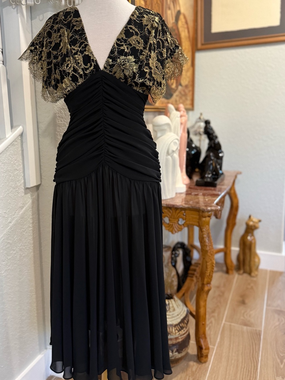 Vintage Casadei Black Midi Dress with Gold Lace Sleeves